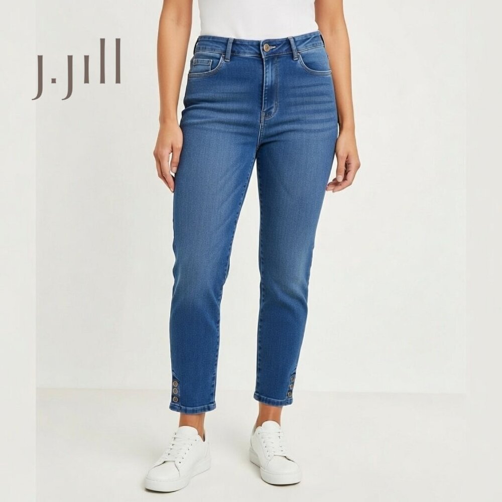 🌟J. Jill Authentic Fit Slim Ankle Jeans Size 16 Blue Denim Button Hem Detail